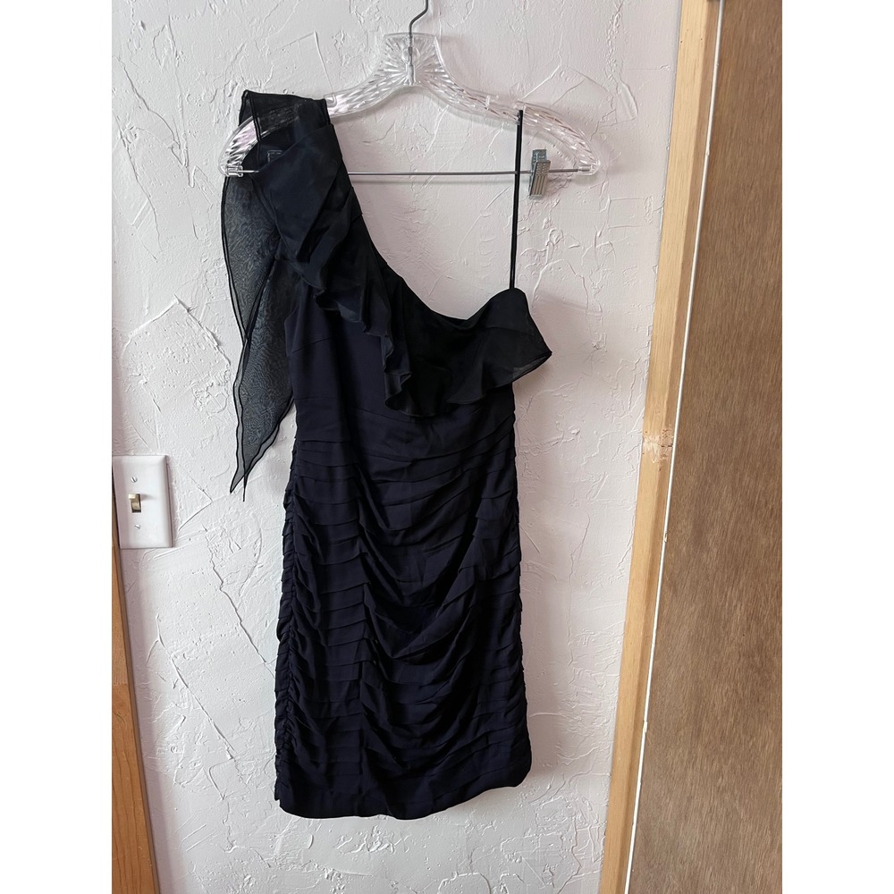 Alice & Olivia Silk Black One Shoulder Ruffle Ruched Sheath Dress Size 4